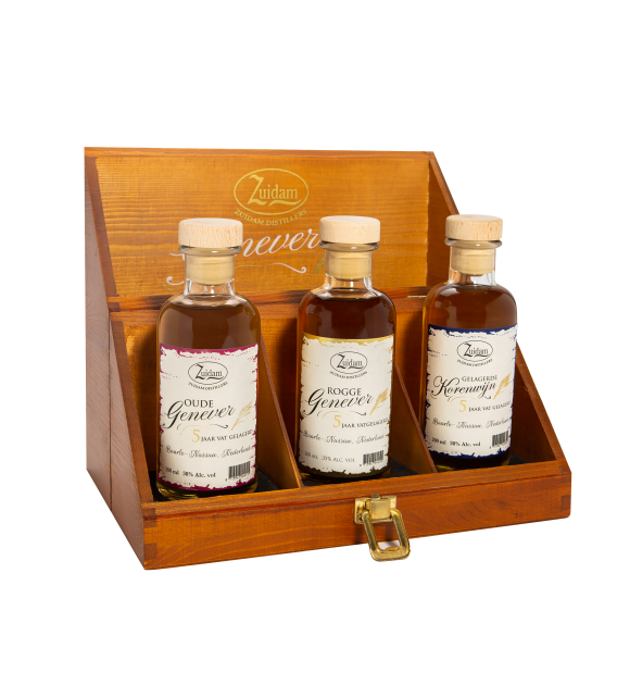 Houten Geschenkkist met Trio Genevers 200ml (OG 5YO, KW 5YO & Rogge 5YO)