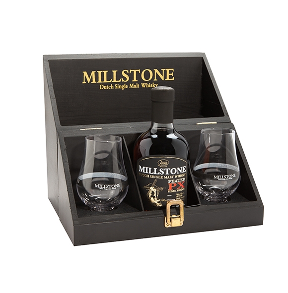 Houten Geschenkkist met Millstone PPX MW 350ML & 2 Millstone glazen