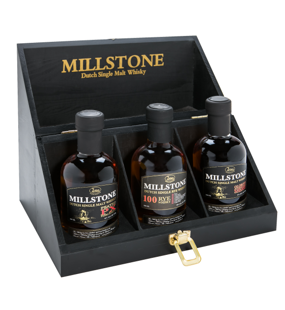 Houten Geschenkkist met Trio Millstone 200ml (OL, PPX, RYE100) 